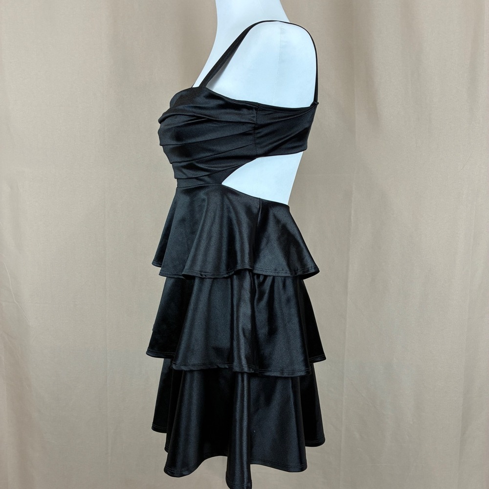 Honey and Rosie Tiered Dress M Satin Black Ruffle Cocktail Party Goth Glam - Picture 6 of 14